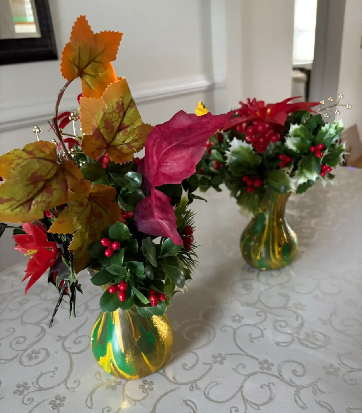 Artificial Flower Arrangement. Vase Hand Painted image indicator(4)