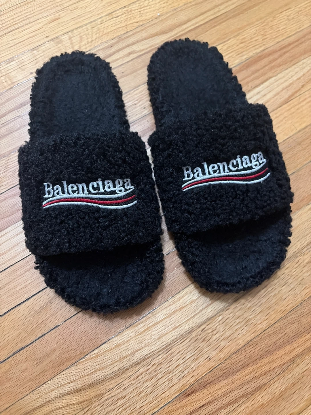 Balenciaga Black Terry Logo Slides, Size US 10