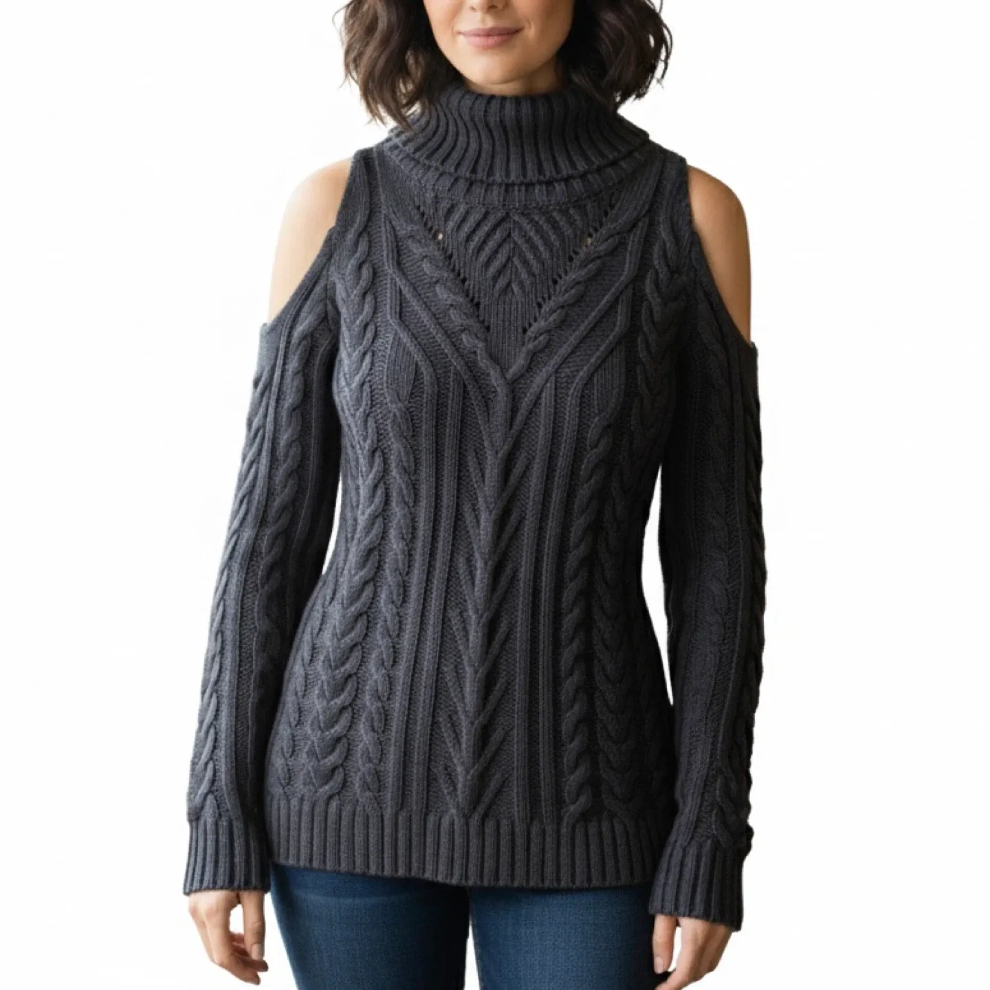 RD Style Cold Shoulder Cable Knit Turtleneck Sweater Size M thumbnail