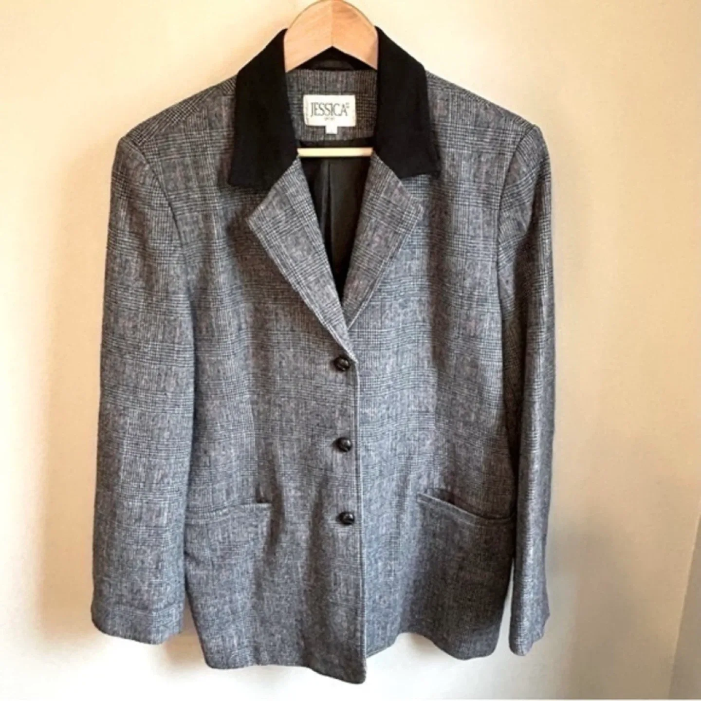 Jessica Sport Long Plaid Wool Blend Blazer Contrast Collar Sz 14 thumbnail