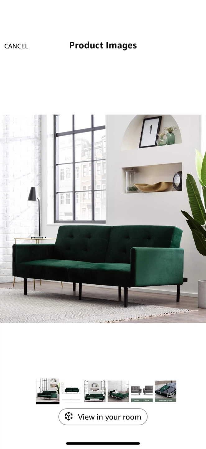Green Velvet Futon Sofa Bed - 69.5 inch