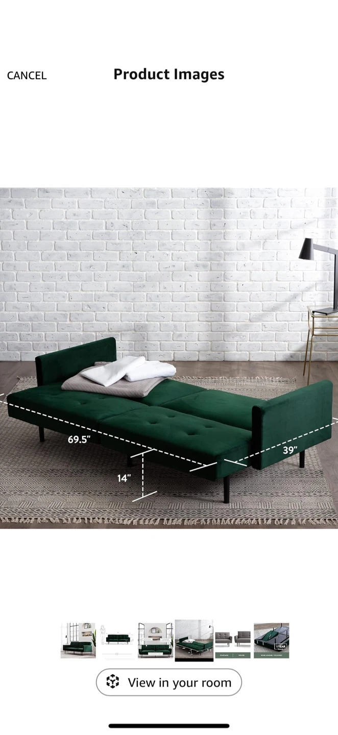Green Velvet Futon Sofa Bed - 69.5 inch - photo 2