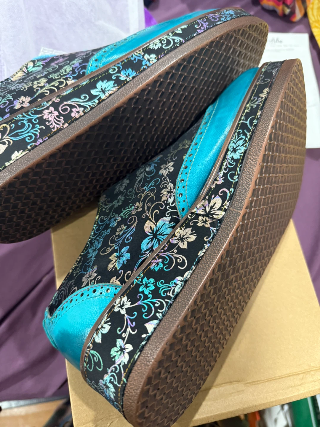Floral Leather Shoes - Turquoise and Black