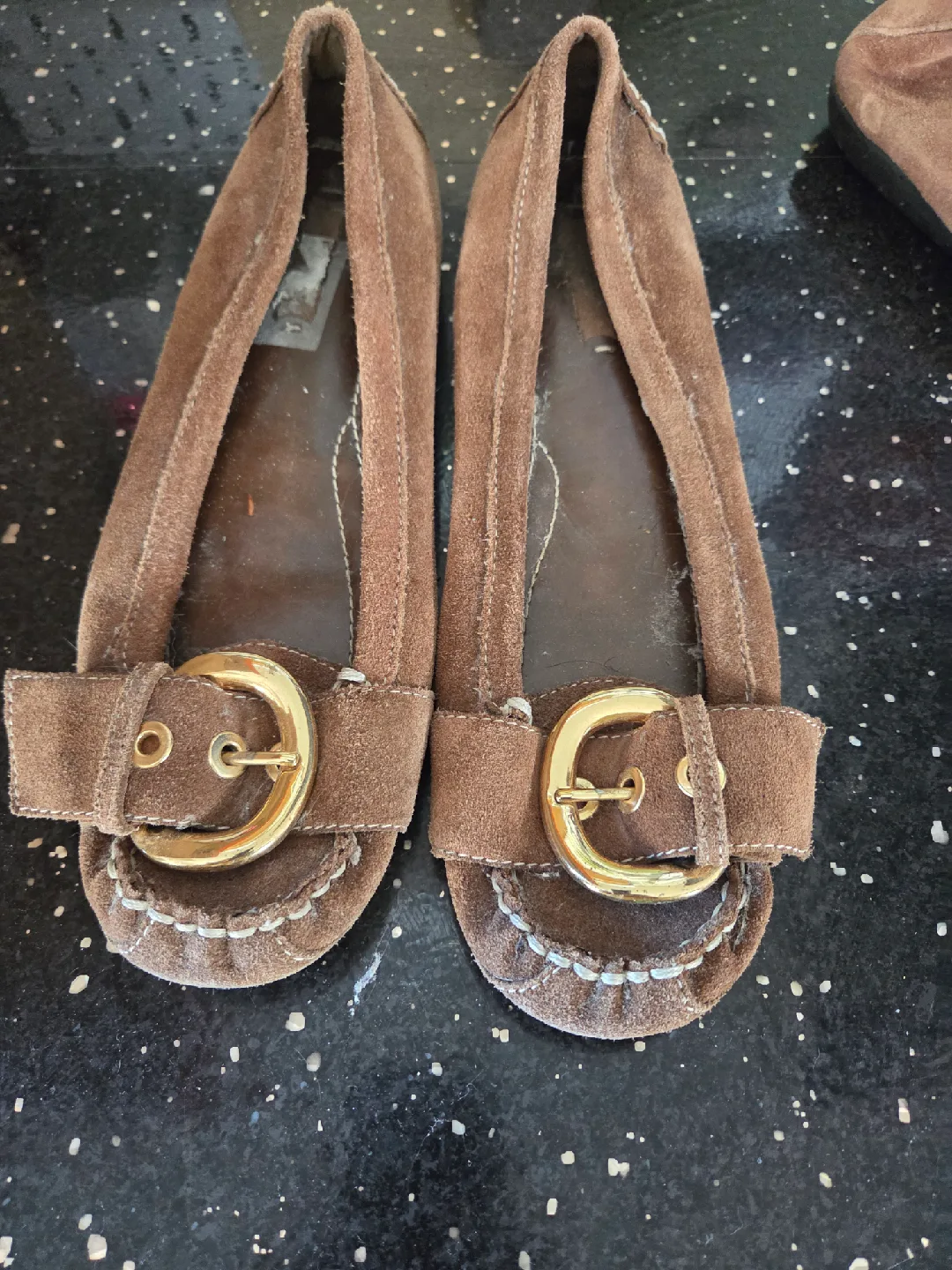 Brown Suede Flats with Gold Buckle thumbnail