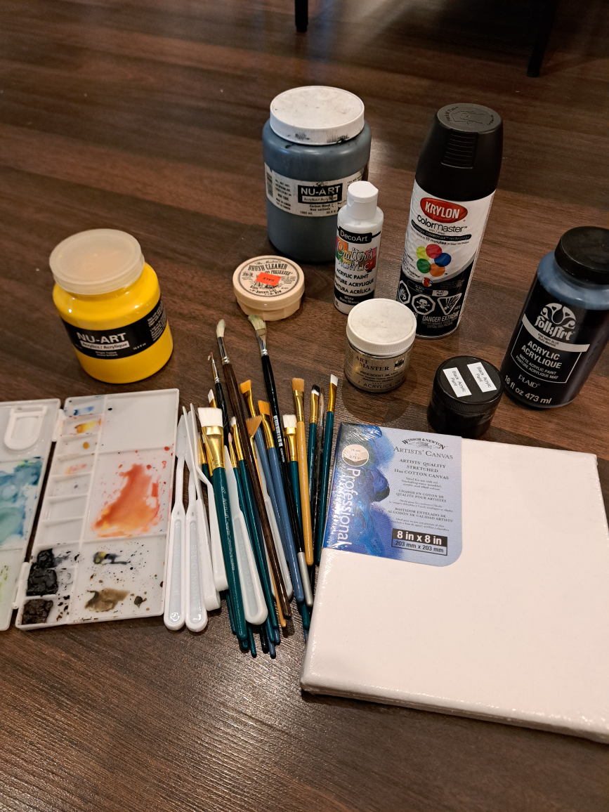 Art Supplies: Paints, Brushes, 8x8 Canvas