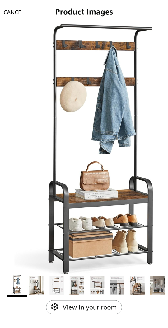 Entryway Bench with Coat Rack, 4-in-1, Rustic Brown and Black