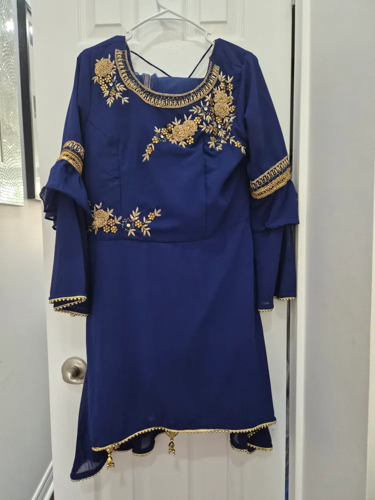 Embroidered Anarkali Dress - Cream & Blue image indicator(3)