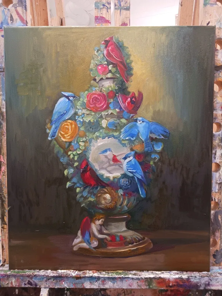 Blue Jay with Cardinal Vase oil painting(on canvas) image indicator(2)