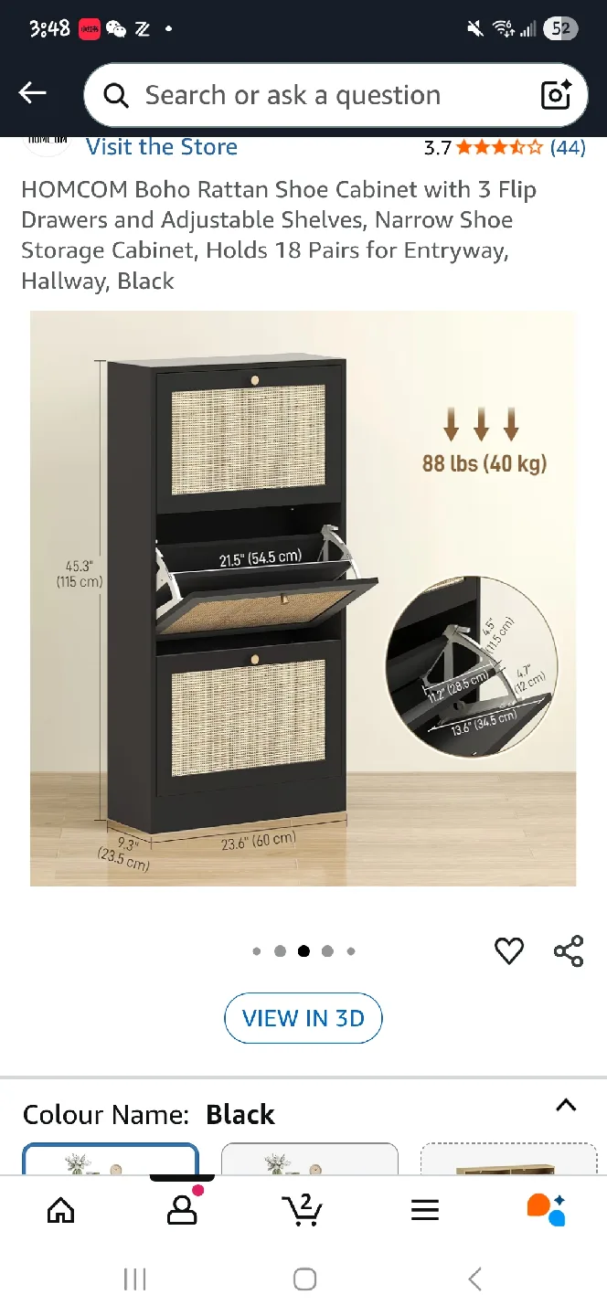 HOMCOM Boho Rattan Shoe Cabinet - Black image indicator(3)