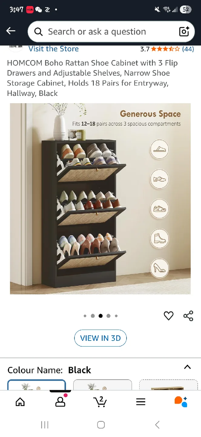 HOMCOM Boho Rattan Shoe Cabinet - Black image indicator(4)
