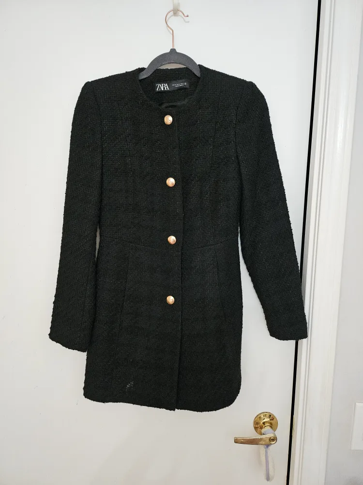 Zara Black Tweed Coat - Size XS thumbnail