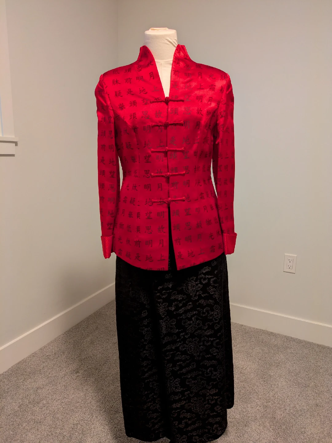 Chinese Silk- Red Chinese Style Jacket & Black Skirt Set