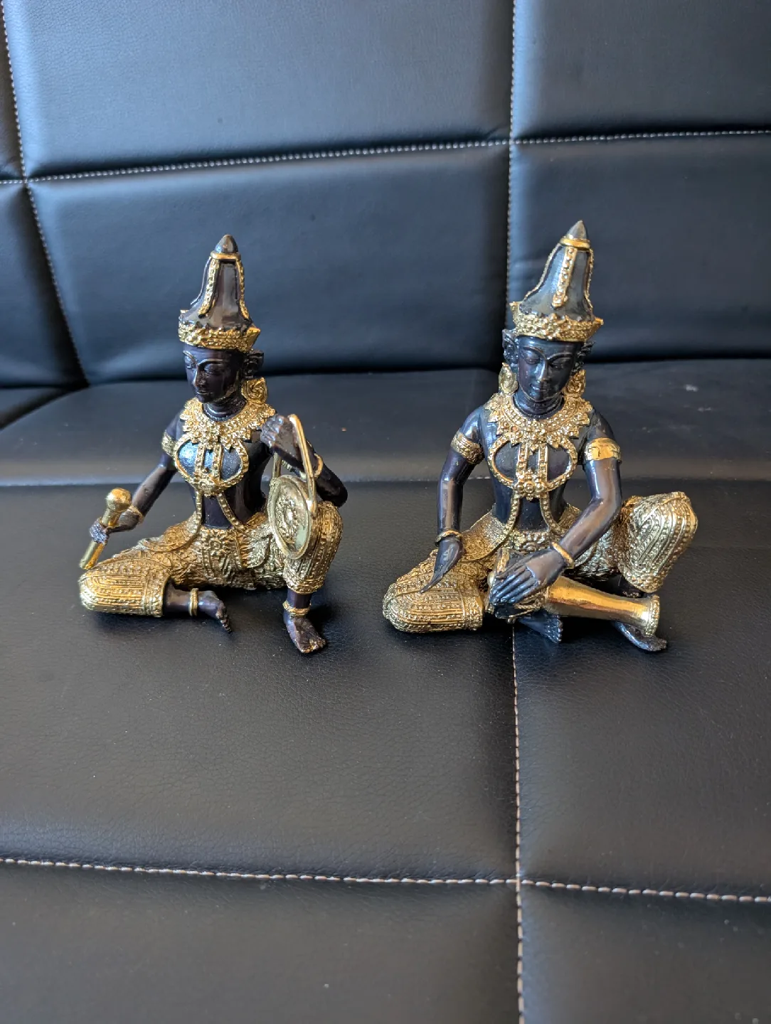 2  Vintage Budda bronze musician figurines with gold accents
