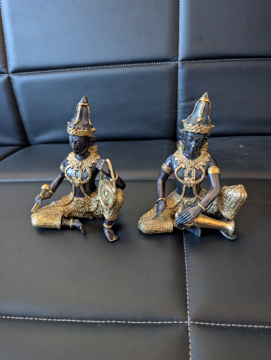 2  Vintage Budda bronze musician figurines with gold accents - photo 2
