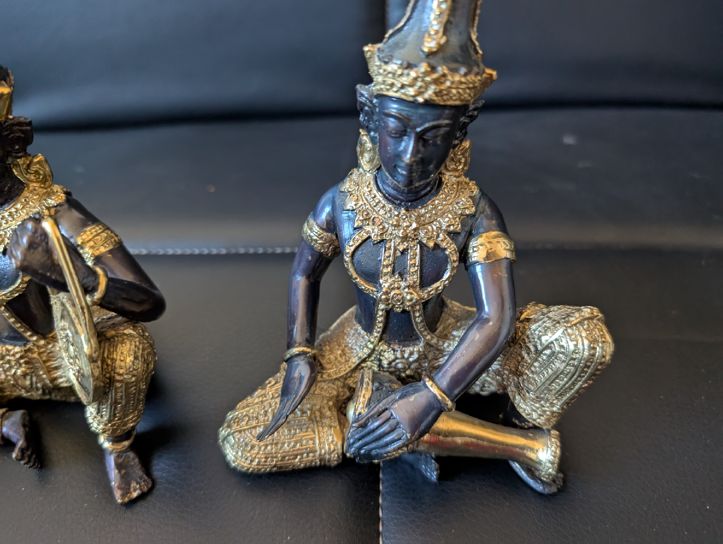 2  Vintage Budda bronze musician figurines with gold accents - photo 3