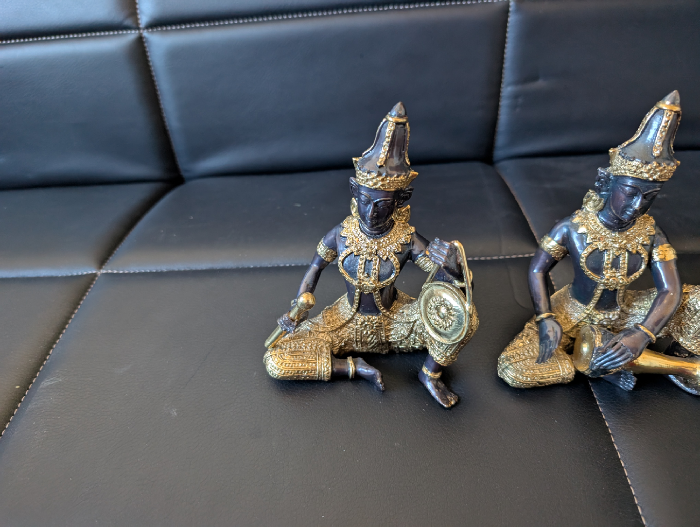 2  Vintage Budda bronze musician figurines with gold accents - photo 4