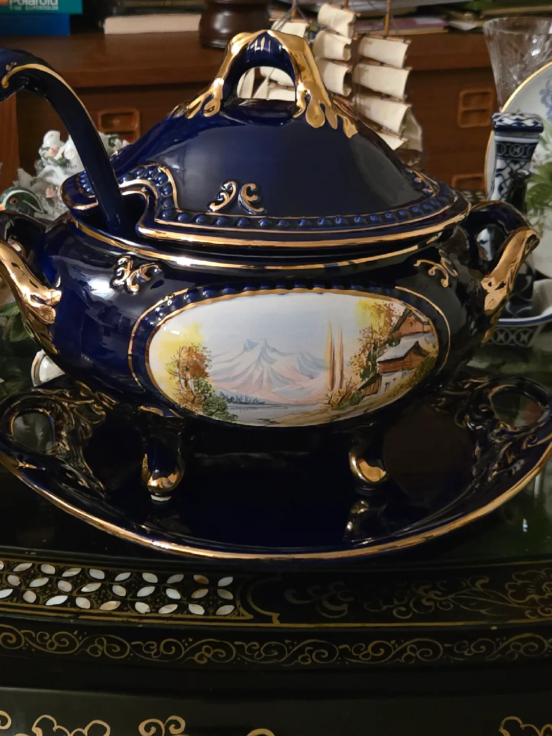Vintage Blue & Gold Soup Tureen with Ladle image indicator(2)