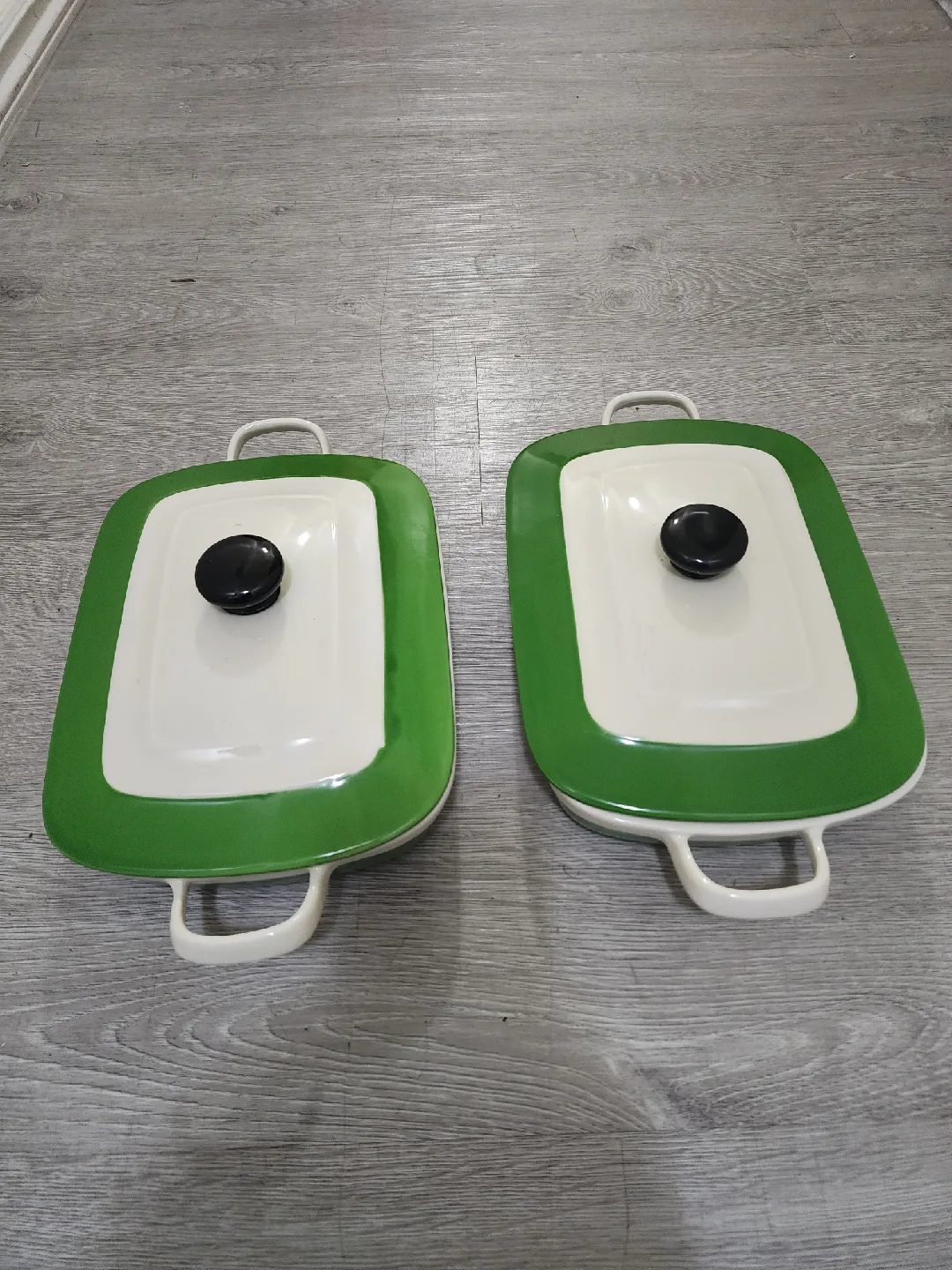 Vintage Green & Cream Enamel Casserole Dishes (Set of 2) image indicator(2)