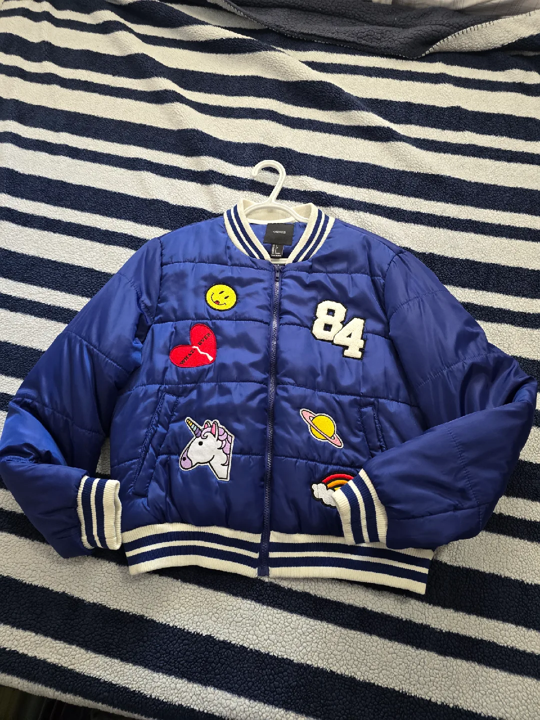 Forever 21 Blue Bomber Jacket with Patches thumbnail
