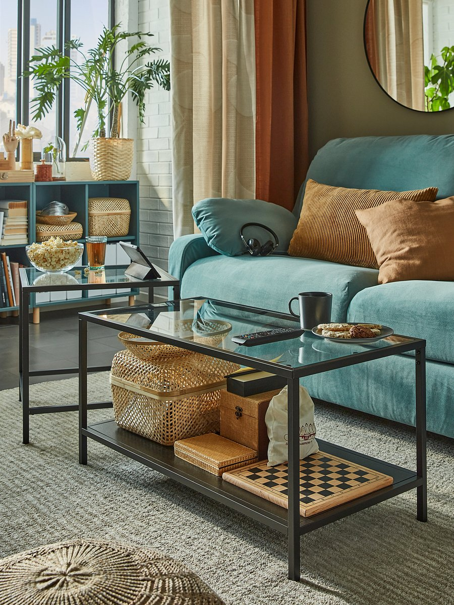 Black Metal & Glass Coffee + Side Table Set
