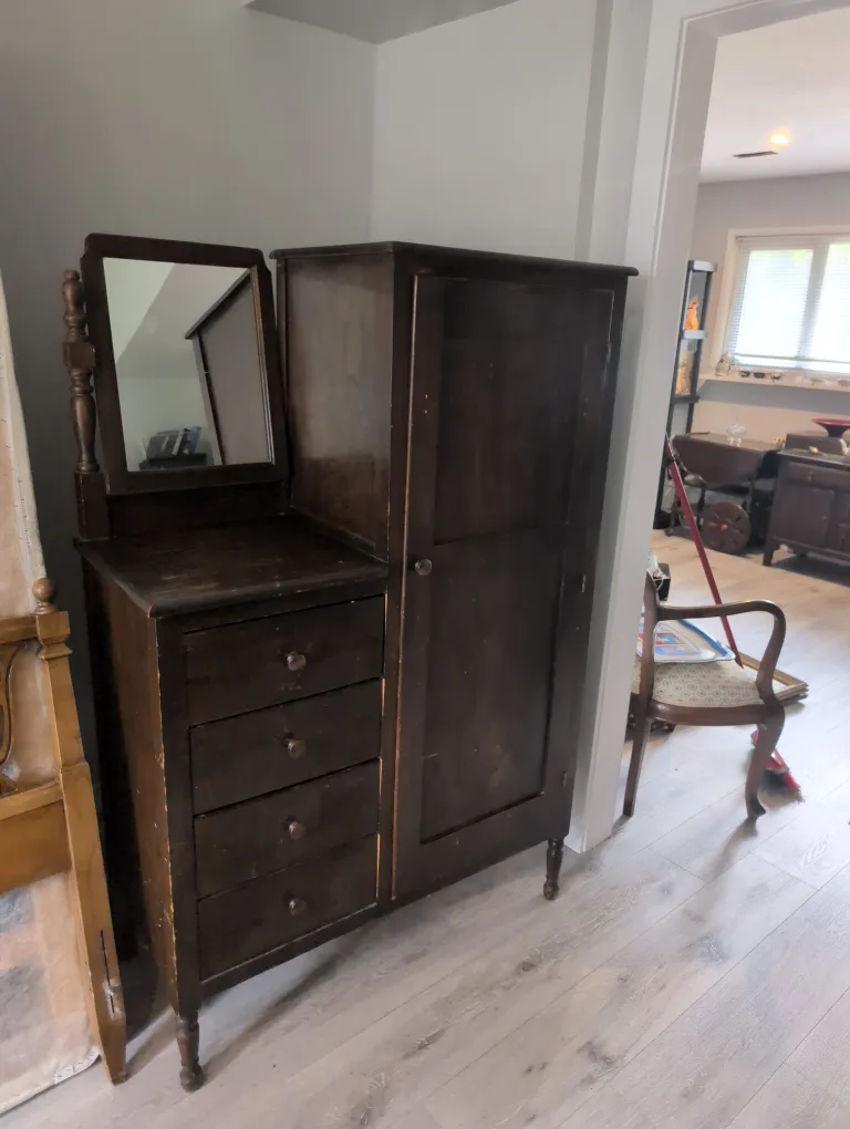 Antique Dark Wood Armoire with Mirror image indicator(2)