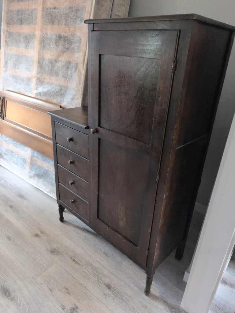 Antique Dark Wood Armoire with Mirror image indicator(4)