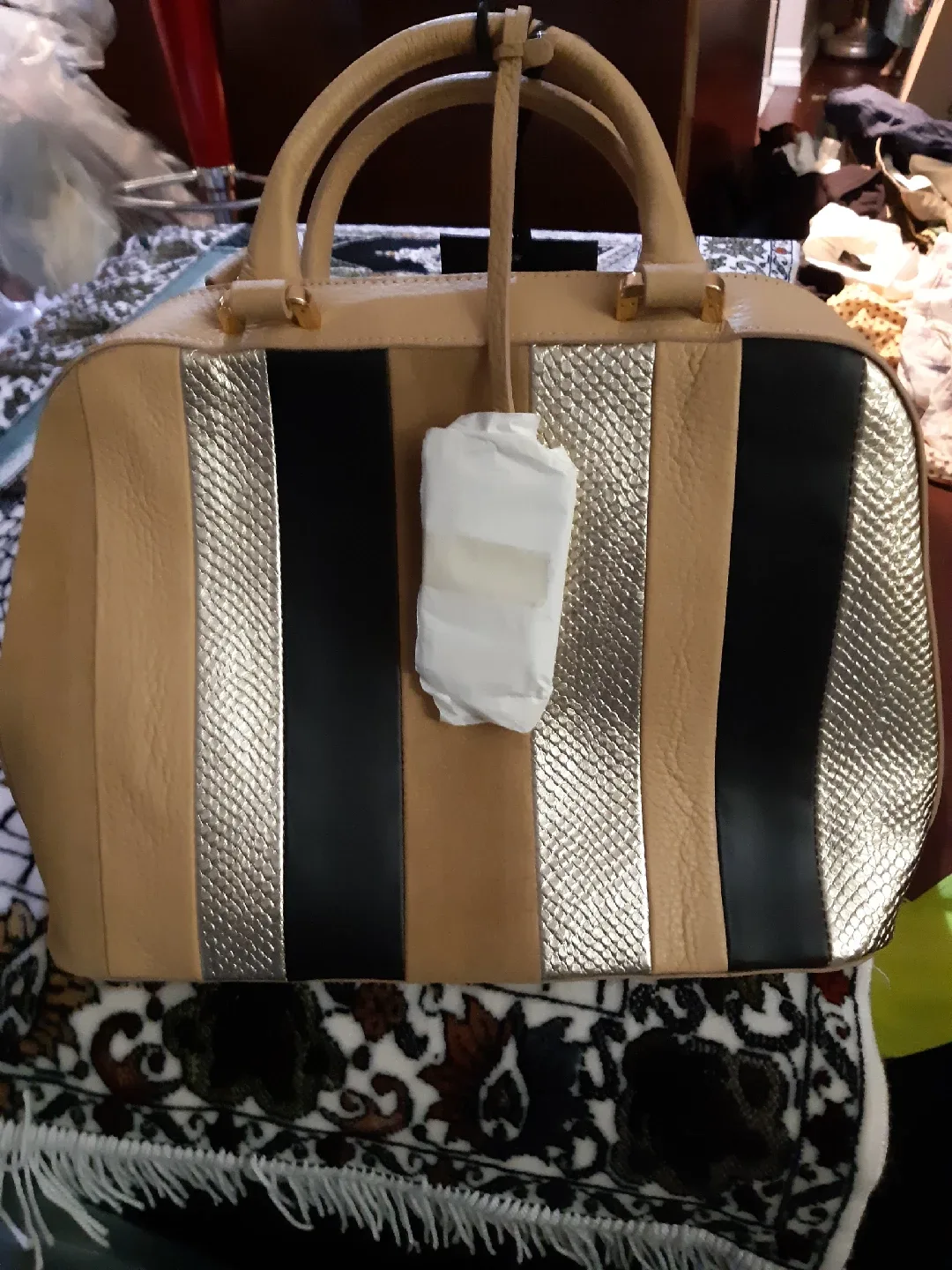 Striped Handbag - Beige, Gold, and Black image indicator(2)