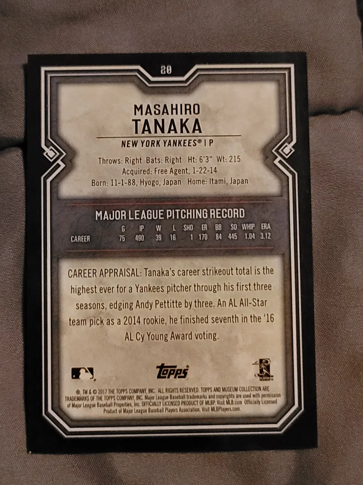 Masahiro Tanaka Topps Baseball Card - Yankees image indicator(3)
