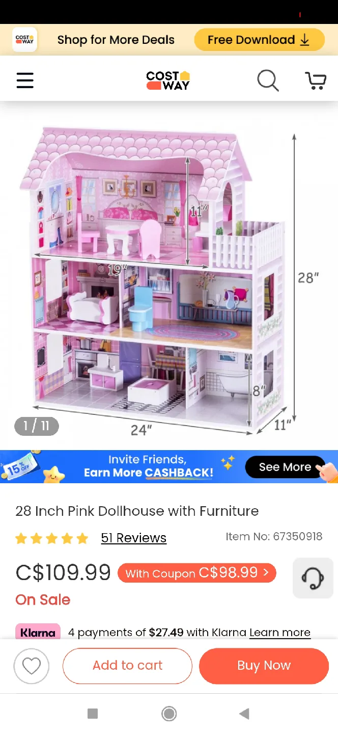 Pink Dollhouse...No furniture - 28 Inch image indicator(4)
