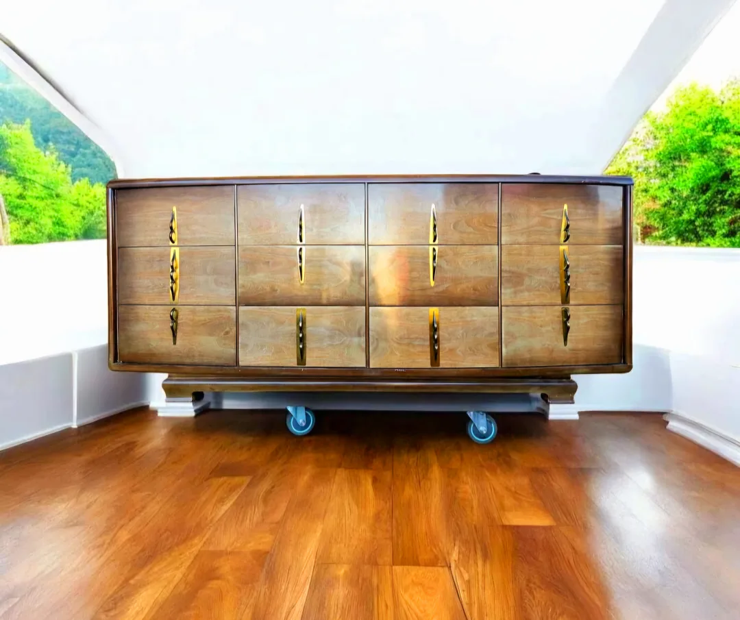 MCM Art Deco 12 Drawer Walnut Sideboard With Brass Accents thumbnail