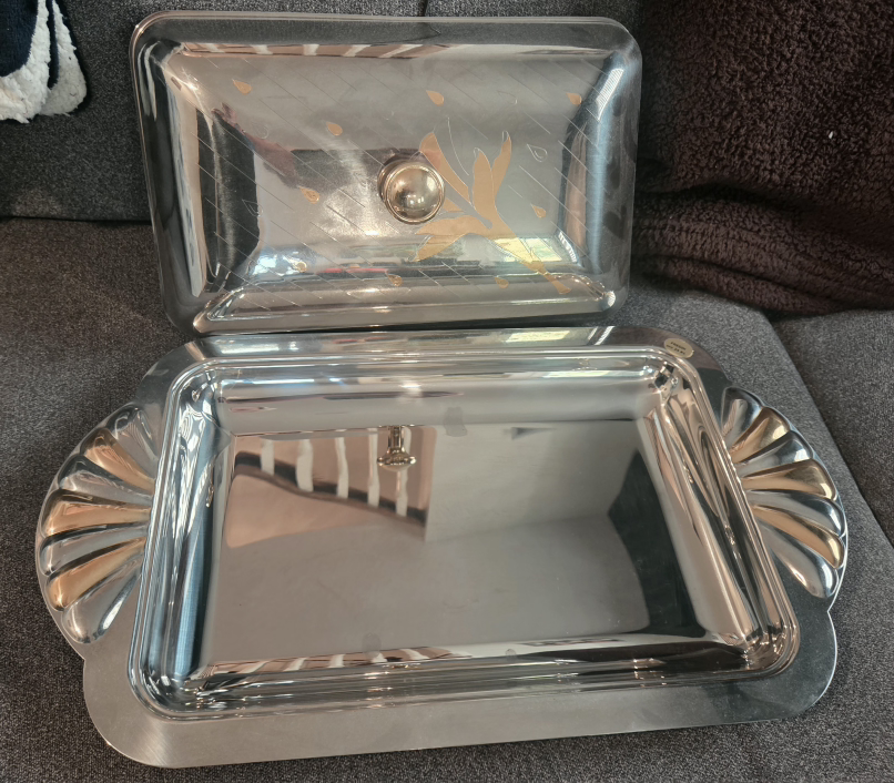 Freddi Silver Serving Dish with Lid 24K  gold details
