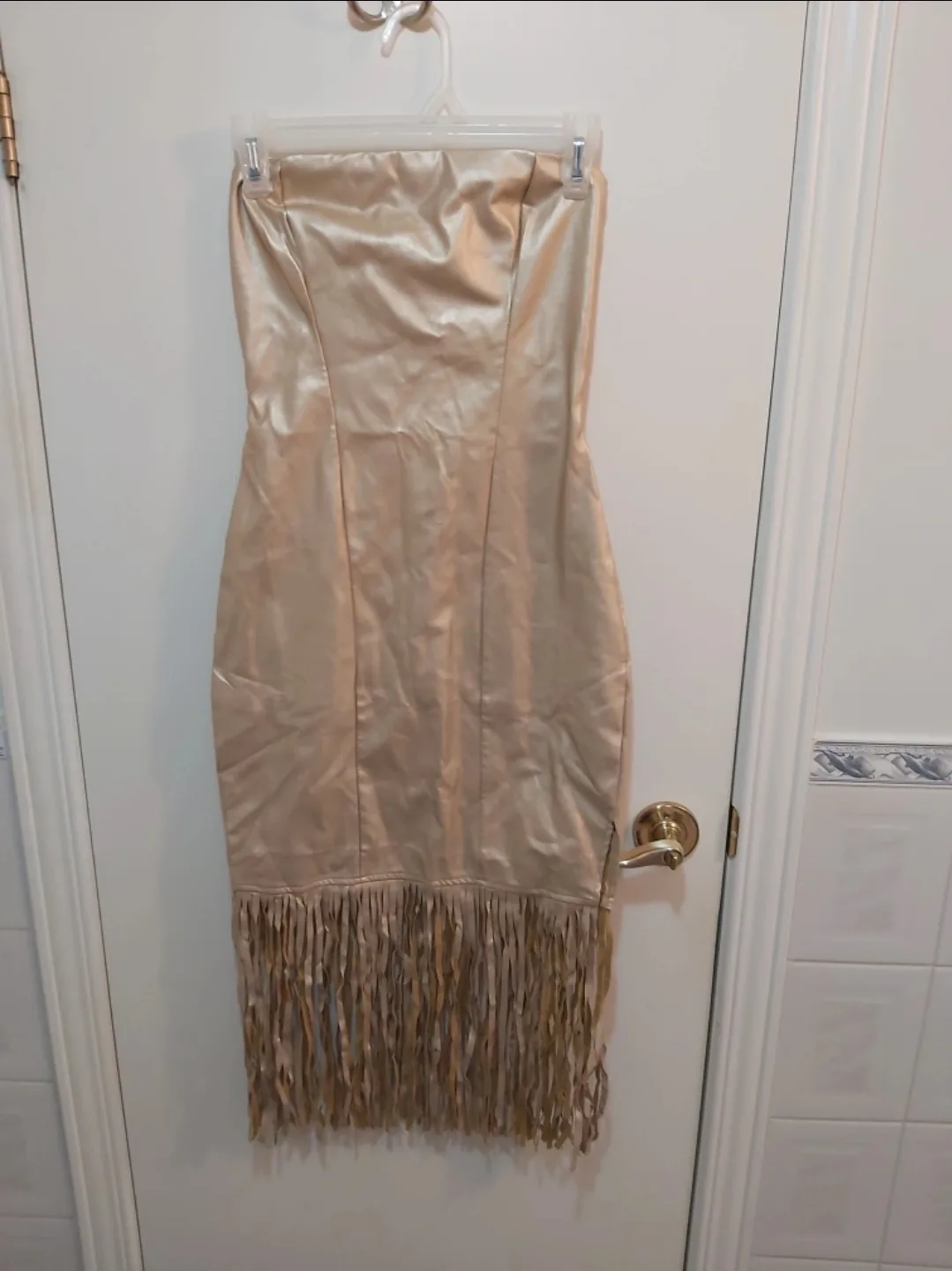 🆕️ Symphony Gold/Beige Fringe Strapless Dress, Size small (S) thumbnail