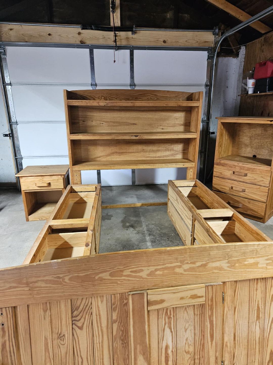 Wooden Bedroom Set - Bed Frame, Nightstands, Bookcase