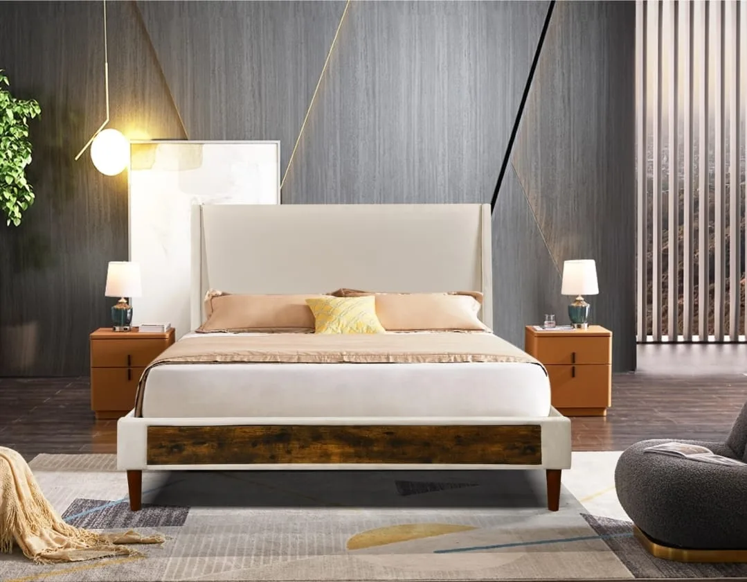 Beige Upholstered Platform Bed Frame image indicator(2)