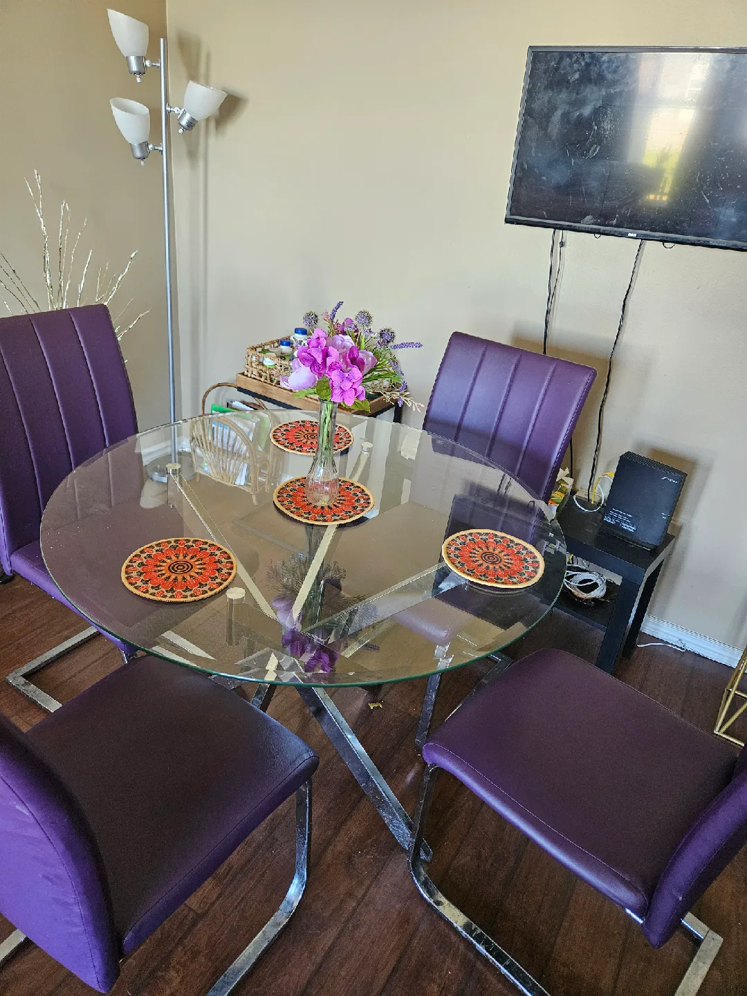 Glass Round Dining Table with 4 Purple Chairs image indicator(2)