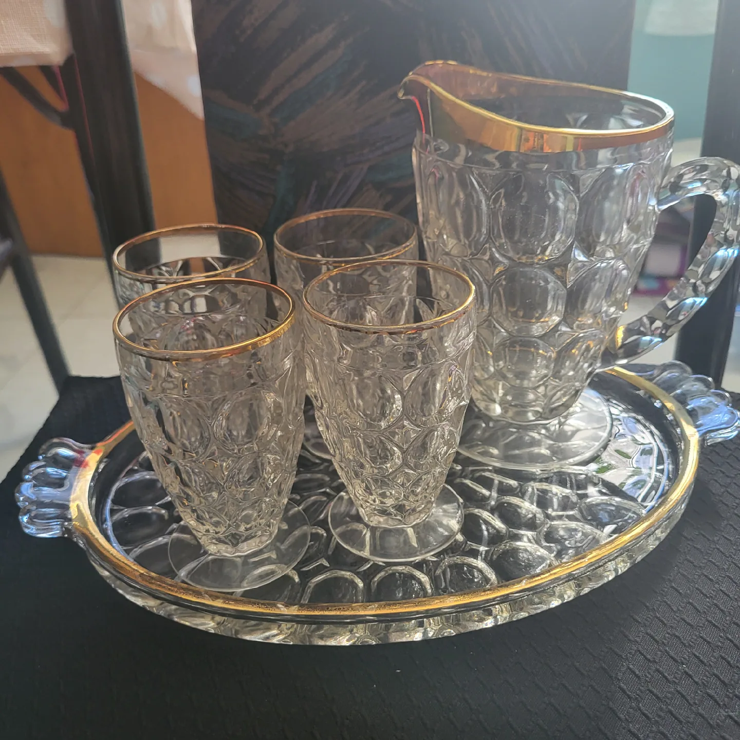Vintage Glass Tray, Pitcher & 4 Glasses Set thumbnail