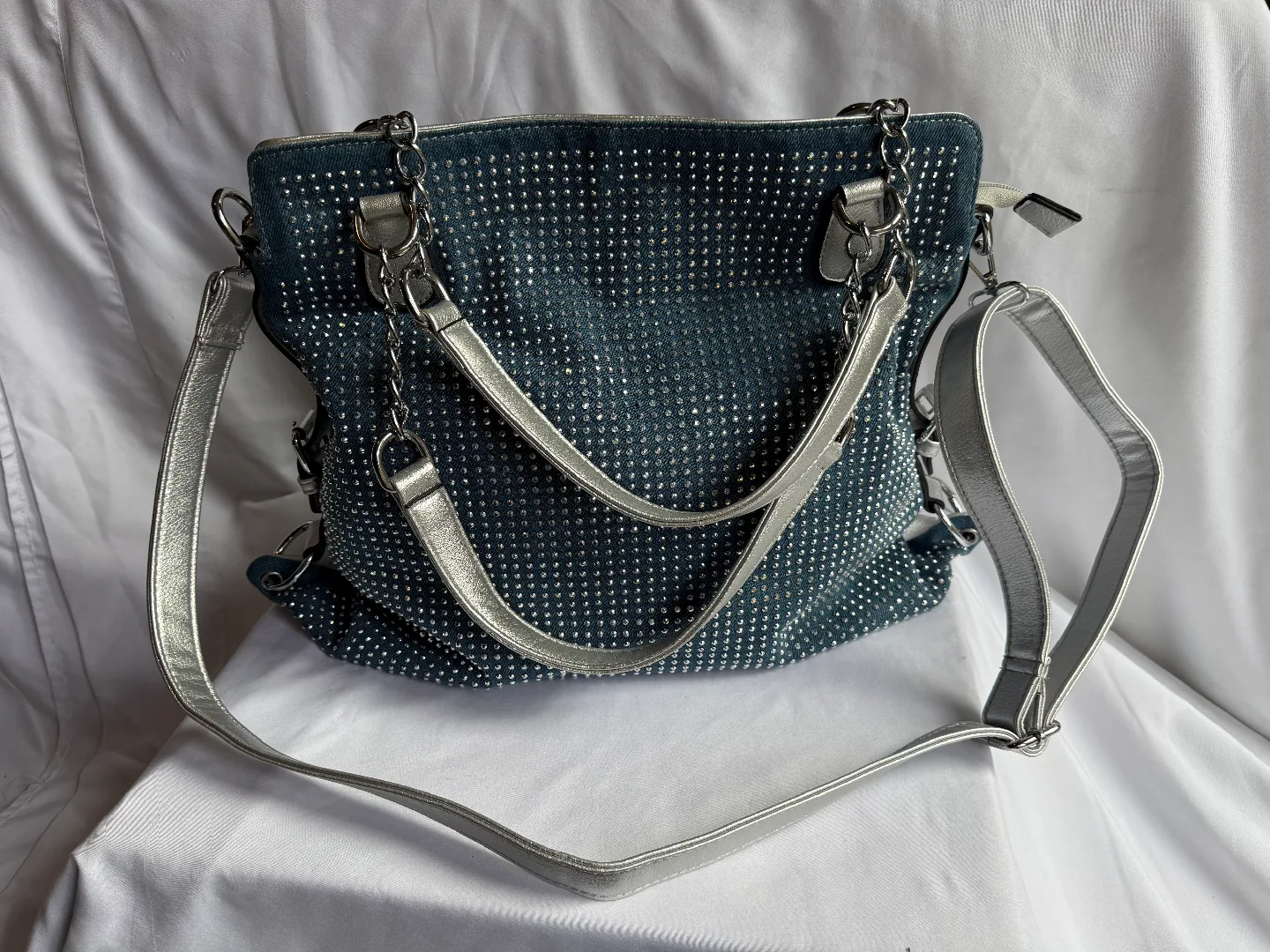 Silver & Blue Studded Shoulder Bag with Wallet image indicator(7)