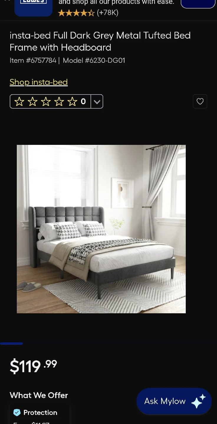 insta-bed Full Dark Grey Metal Tufted Bed Frame