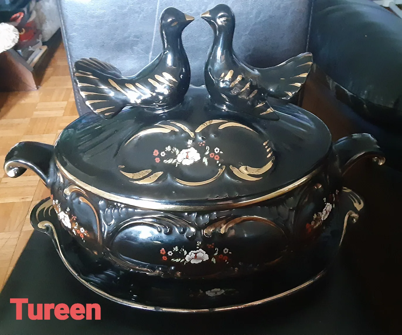 Vintage Black Porcelain Tureen with Gold Trim & Doves image indicator(9)