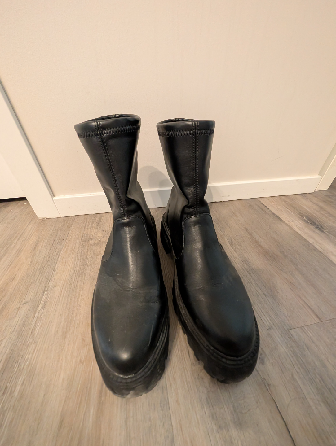Black Leather Chunky Platform Boots, Size 10