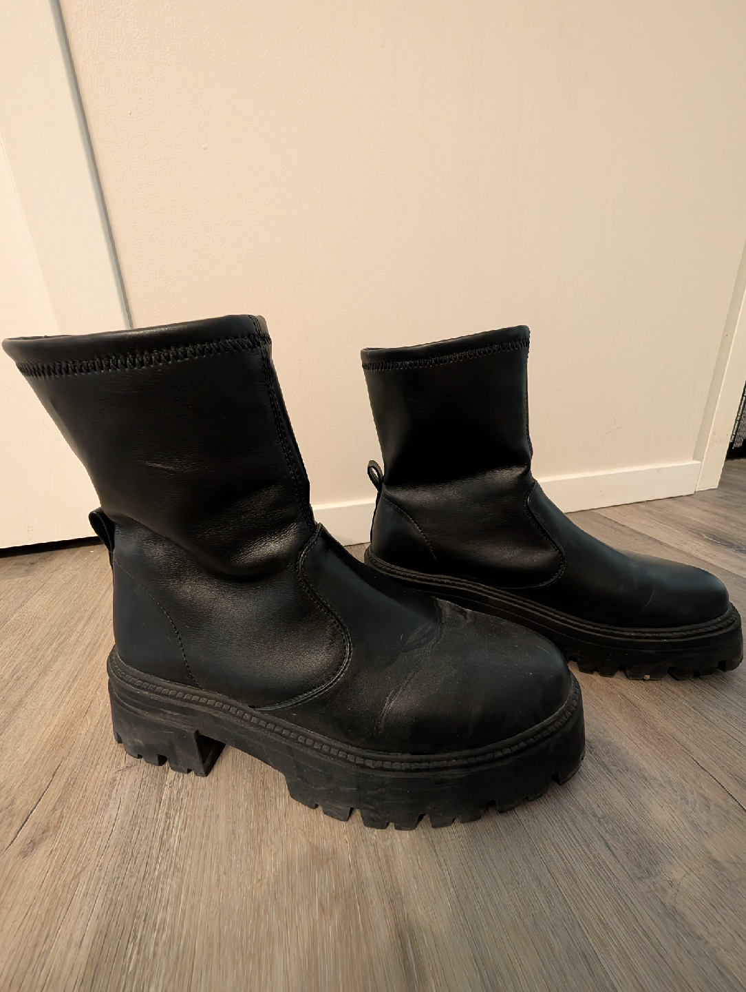 Black Leather Chunky Platform Boots, Size 10 - photo 2
