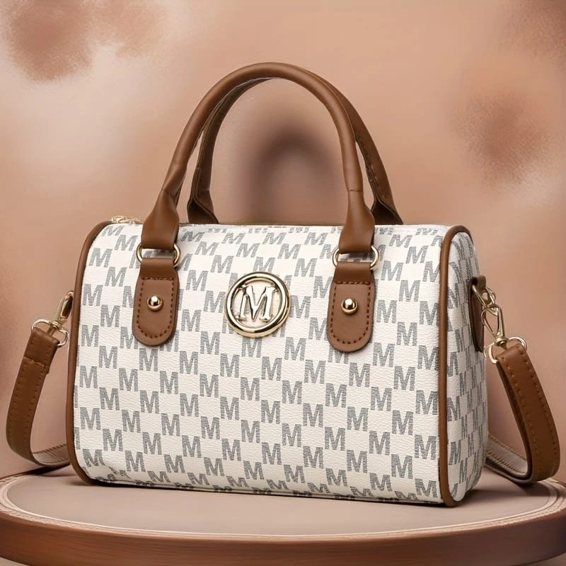 White & Brown "M" Pattern Handbag