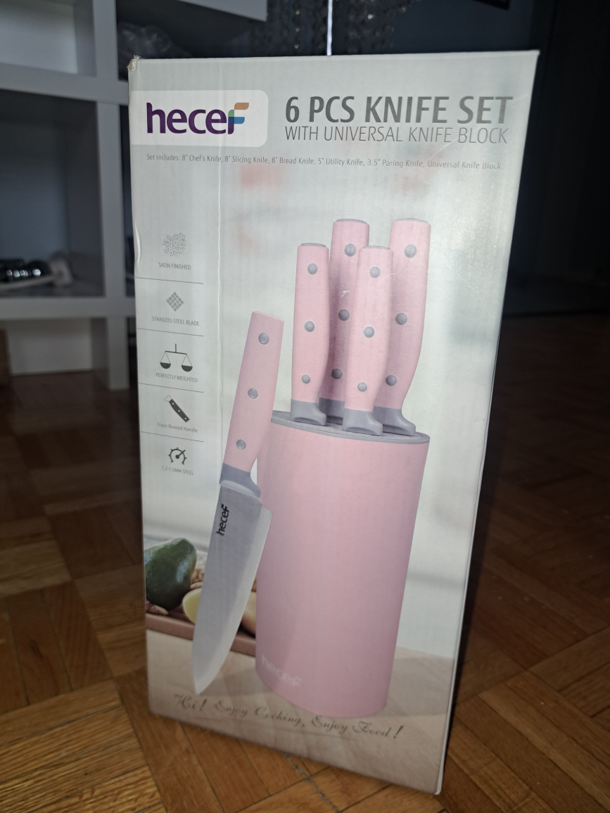 Hecef 6-Piece Pink Knife Set w/ Block - New