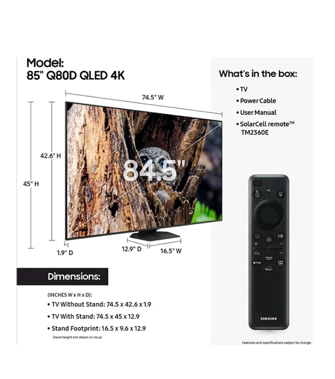Samsung 85" Q80D QLED 4K TV - Like New! - photo 2