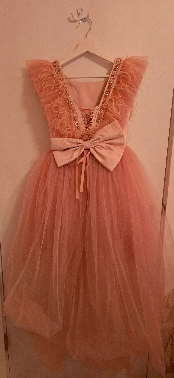 Fancy Pink Feather Dress /girls 8-11/adjustble image indicator(2)