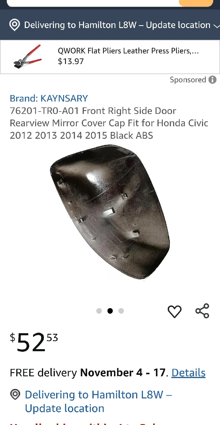 Honda Civic 2016-2021 Mirror Cap Cover - Black image indicator(7)