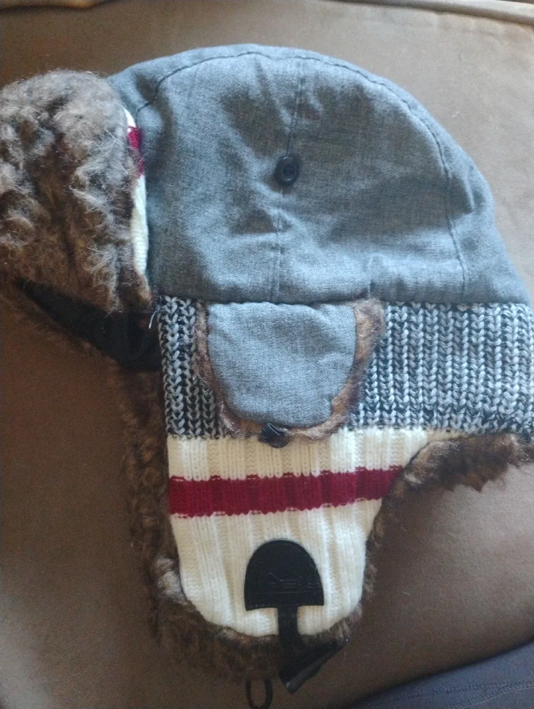 Grey Trapper Hat with Faux Fur thumbnail