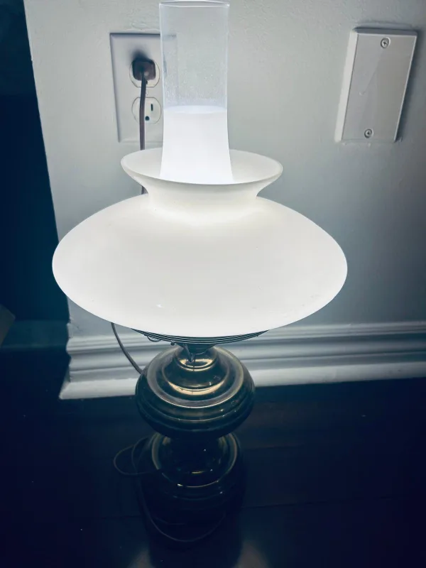 Vintage Brass & White Glass Hurricane Lamp image indicator(3)