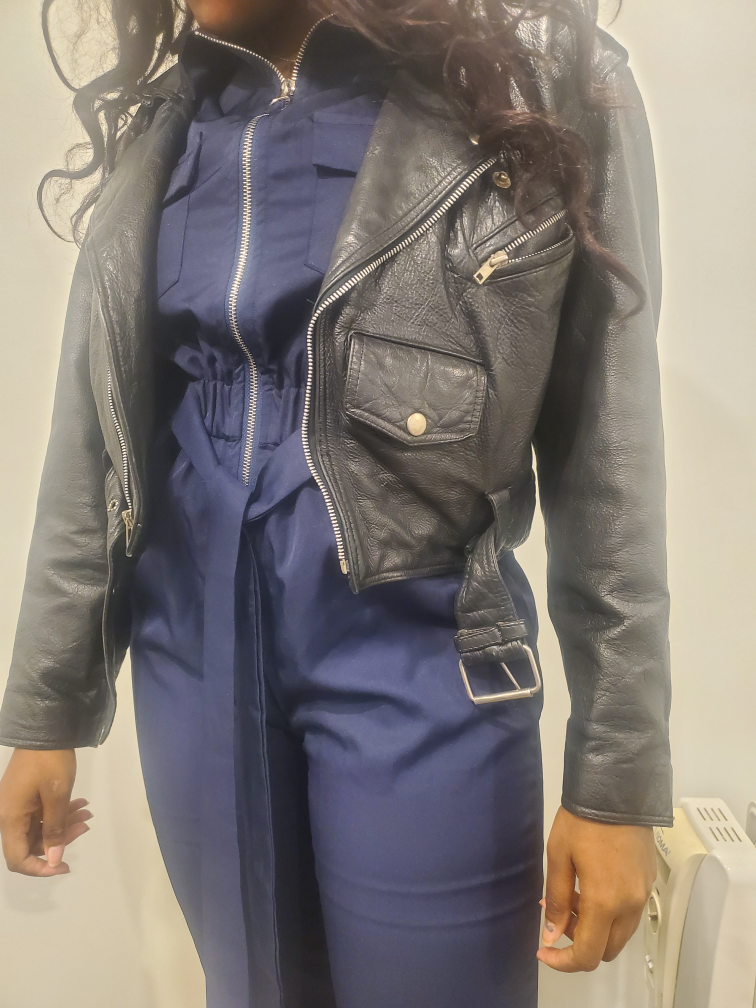 Black Leather Biker Jacket - Size M