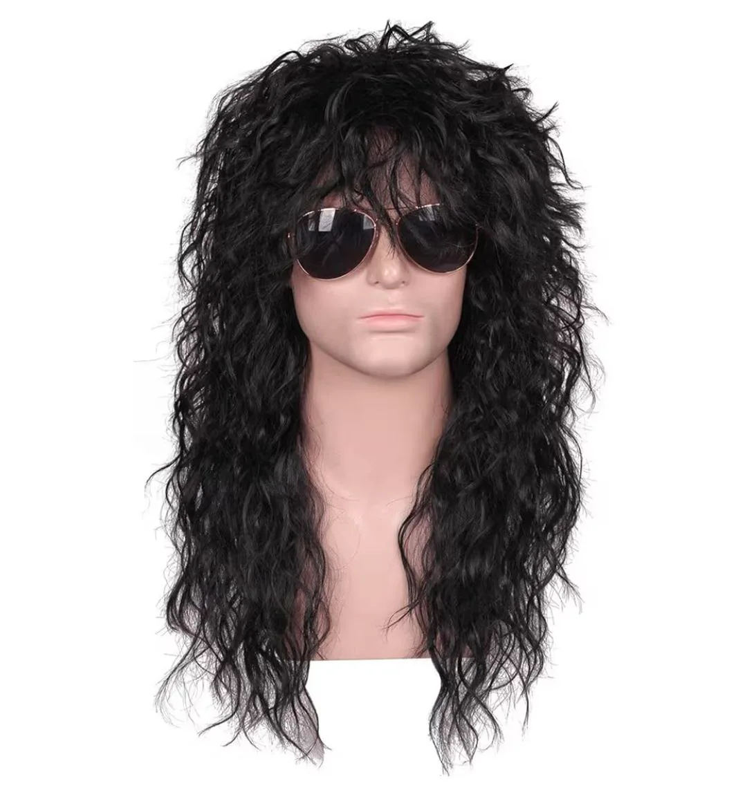 Black Curly Rocker Wig with Sunglasses